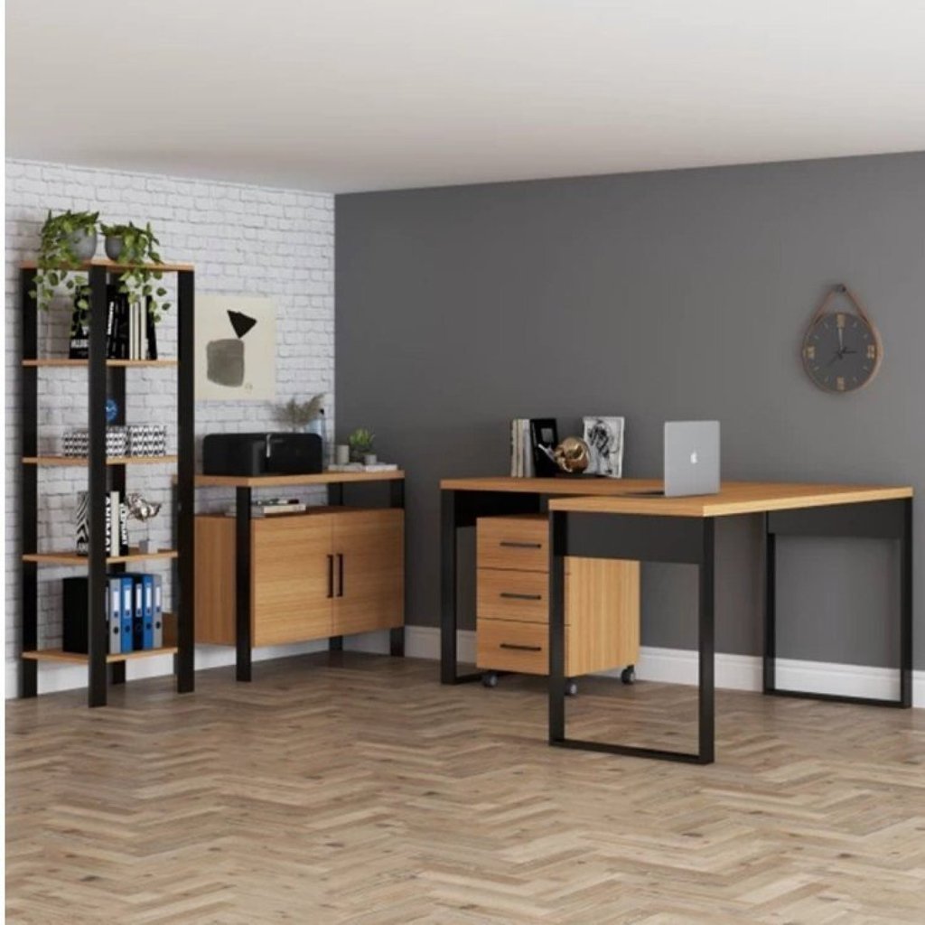 Conjunto 4 Peças para Escritório Office Industrial 1 Mesa Escrivaninha em L 1 Gaveteiro 1 Armário 1 Estante Marrom