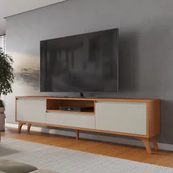 Rack para TV até 75 Polegadas 100% MDF 237cm Pés em Madeira Maciça Piazza New Bege Naturalle/Off White