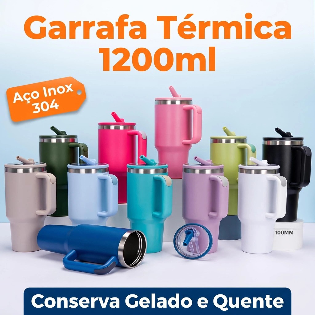 Copo Térmico 1200ML Aço Inoxidável 304 com Alça Antiderrapante, Bico Dobrável e Tampa Transparente