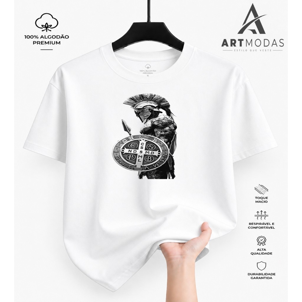 Camiseta São Bento Religiosa Guerreiro Estampada Unissex 100% Algodão Envio Rapido Alta Qualidade Confortavel