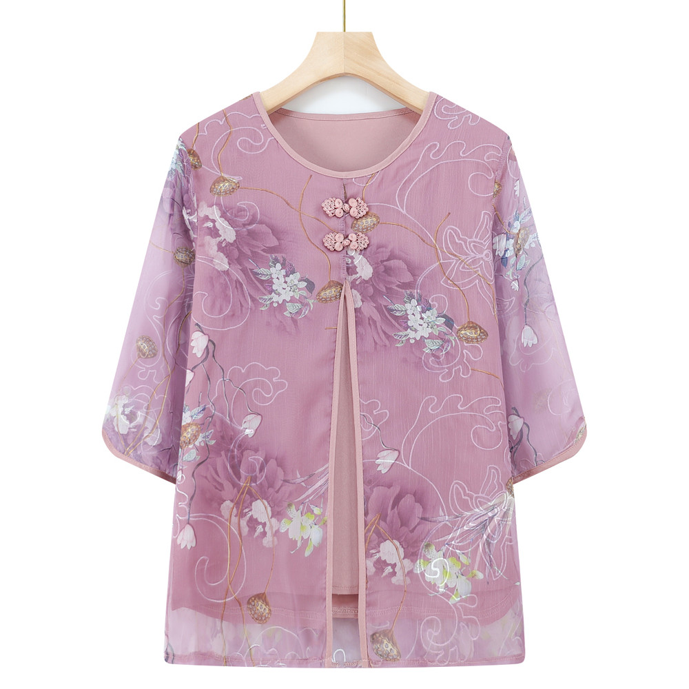 Mãe verão terno de manga curta camiseta de meia-idade feminino Chiffon falso de duas peças avó topo de meia-idade roupas