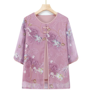 Mãe verão terno de manga curta camiseta de meia-idade feminino Chiffon falso de duas peças avó topo de meia-idade roupas
