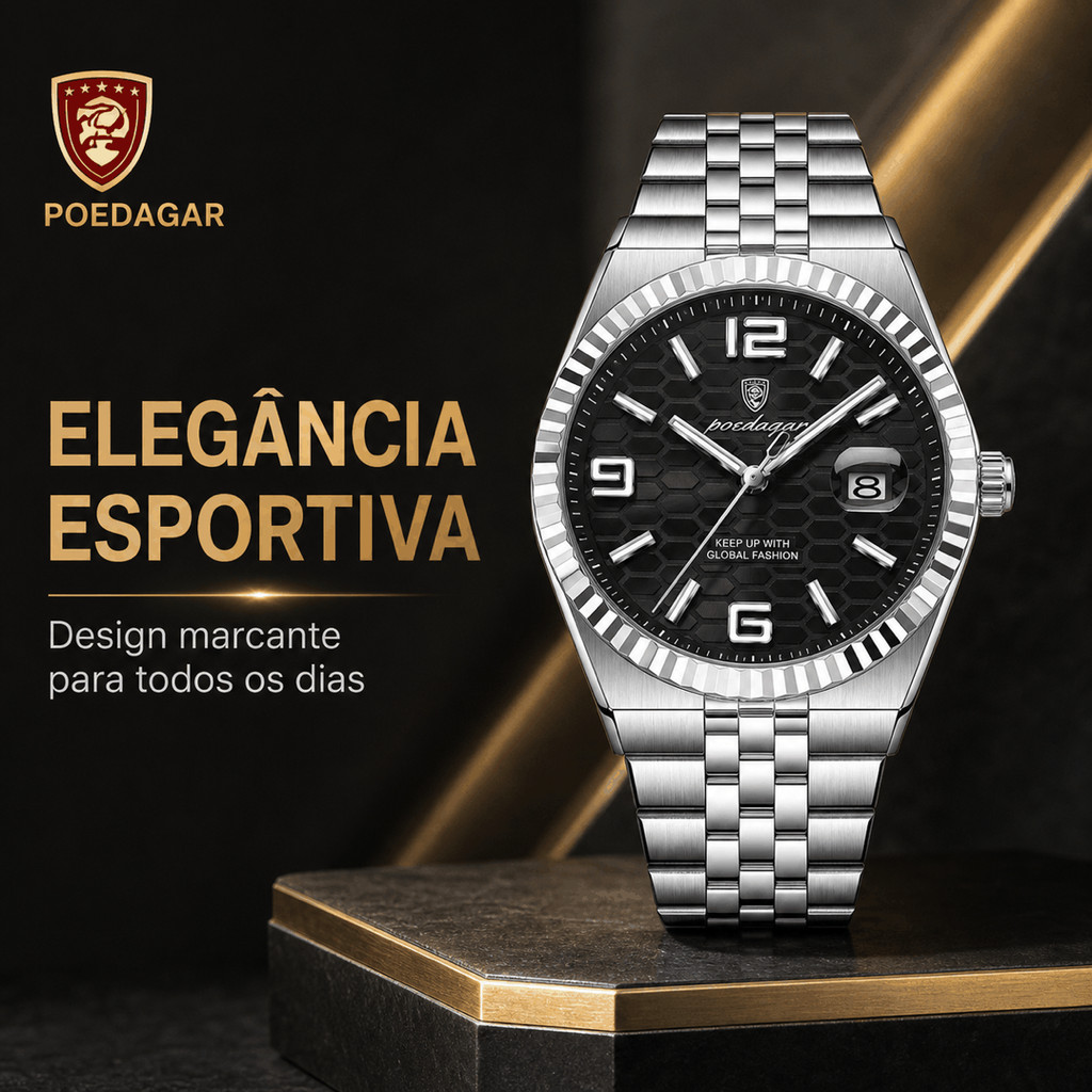 POEDAGAR Relógio Masculino 839 Esportivo Business Aço Inoxidável Quartzo Data Luminosa 3ATM Mostrador Favo De Mel