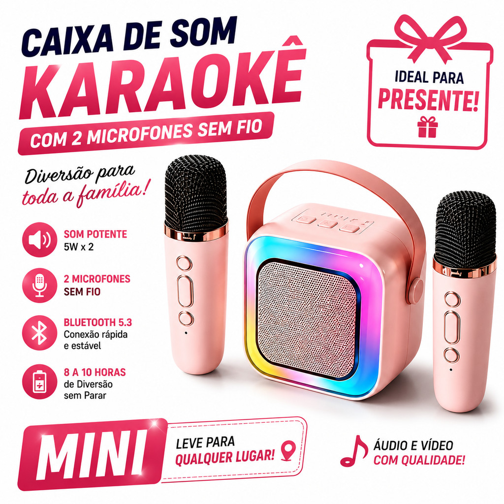 Atacado Karaokê Bluetooth 5.3 2*Microfones Sem Fio Presente Portátil | 5W x2 Bateria 10h Festa Família Crianças Ar Livre