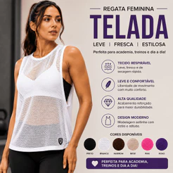 CAMISETA REGATA BLUSA FEMININA TELA TULE TRANSPARENTE DE ACADEMIA FITNESS TREINO SOBREPOSIÇÃO