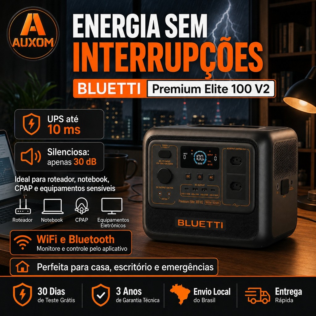 Estação de Energia Portátil BLUETTI Premium Elite 100 V2 1800W 1024Wh LiFePO4 UPS WiFi Bluetooth 110V ou 220V