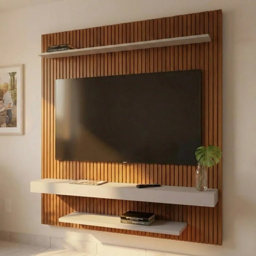 Painel Ripado para TV até 60 Polegadas 150CMX160,2cm 2 Prateleiras Impressão Off White Móveis Bechara Leme Marrom