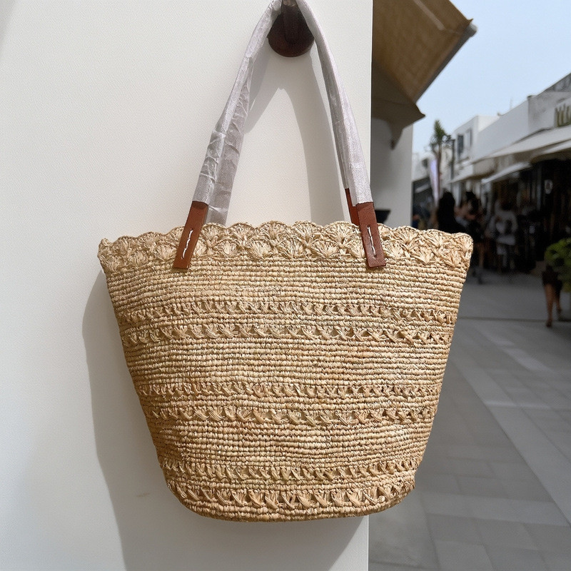 Ráfia mão crochê saco feminino beira-mar grande capacidade palha sacola Casual portátil bolsa de ombro praia