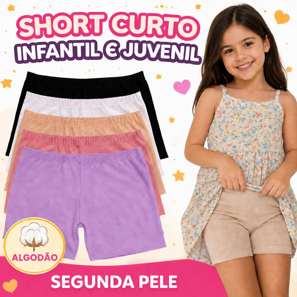 Shorts Curto Infantil Algodão Segunda Pele Menina Ideal para Usar com Saias e Vestidos | 2 a 12 Anos