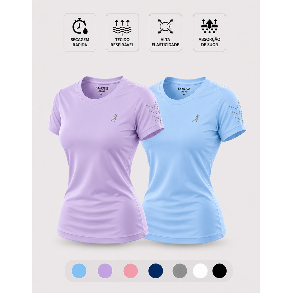 Kit 2 Camisetas Dry Fit Feminina Cores do Verão 2026 Academia Fitness Caminhada Corrida Proteção UV