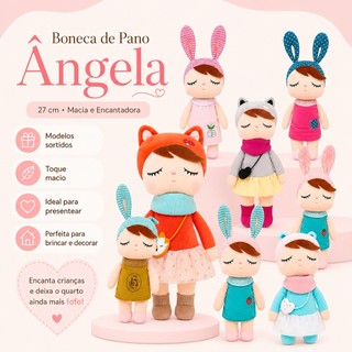 Boneca de Pano Angela 27cm Coelhinha Raposa Gatinha Pelúcia Macia Infantil Presente Menina