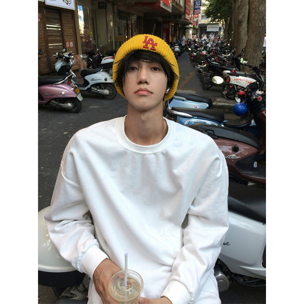 Branco americano moletom de alto peso masculino primavera pequeno decote ombro manga comprida camiseta puro algodão cami