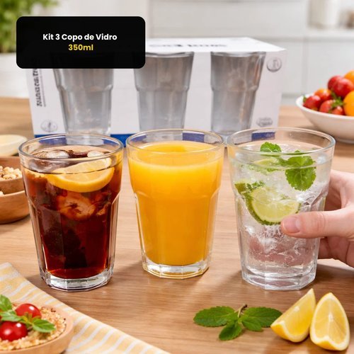 Copo Vidro 350ml 3 Peças Transparente DDG