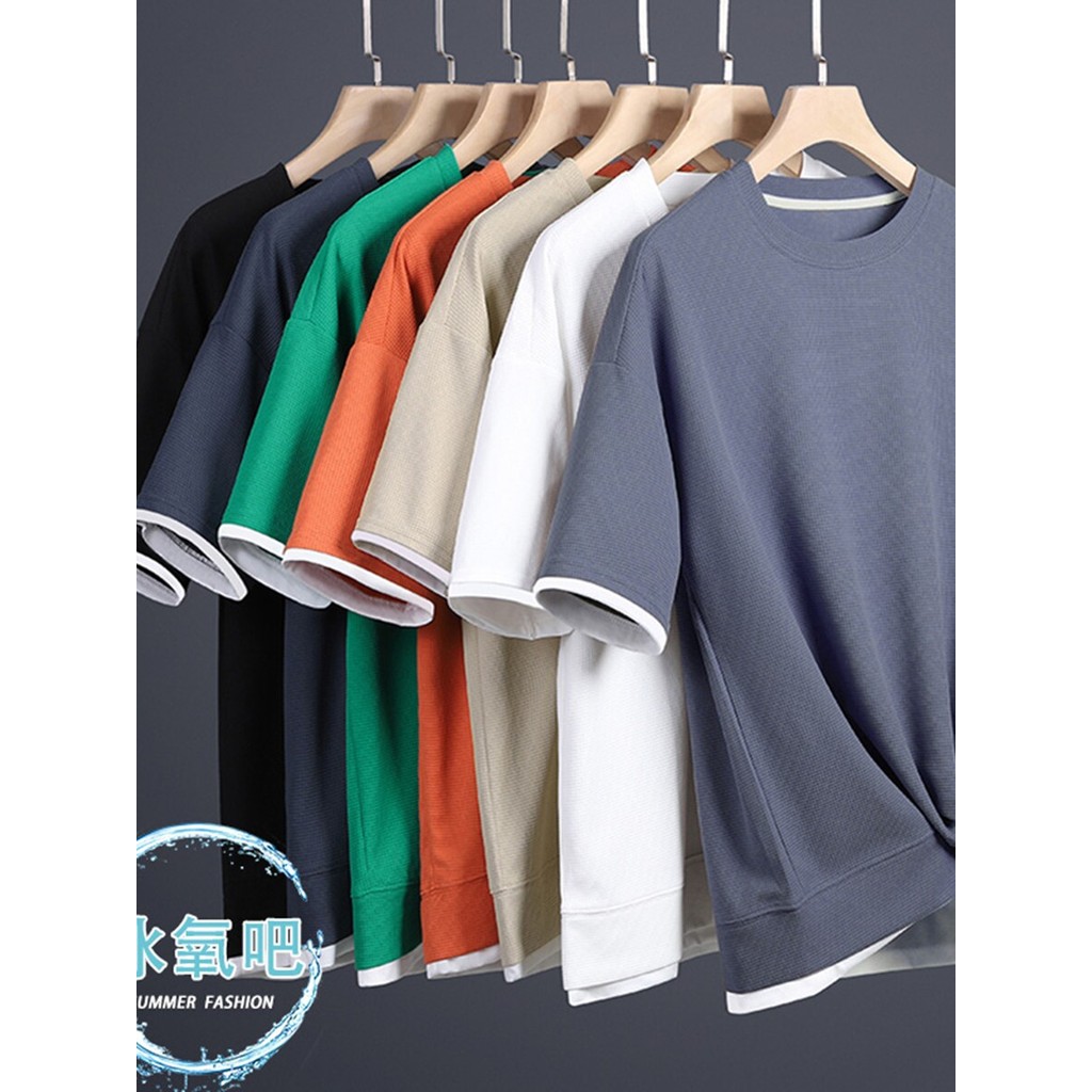 Waffle camiseta de manga curta verão masculino falso de duas peças solto meia manga camiseta em torno do pescoço St