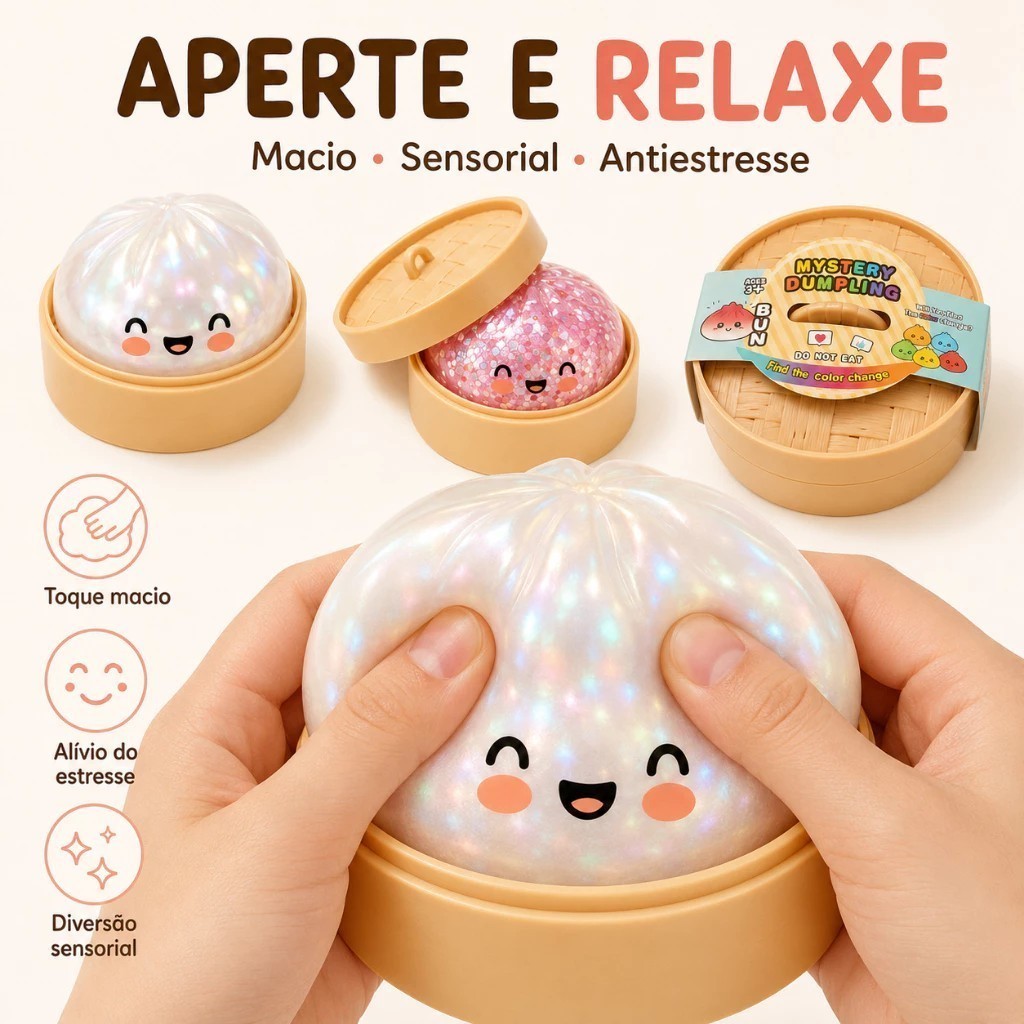 Squishy Bolinho Baozi Glitter Caixa Misteriosa Brinquedo Antiestresse Sensorial Kawaii Presente Criativo Fidget