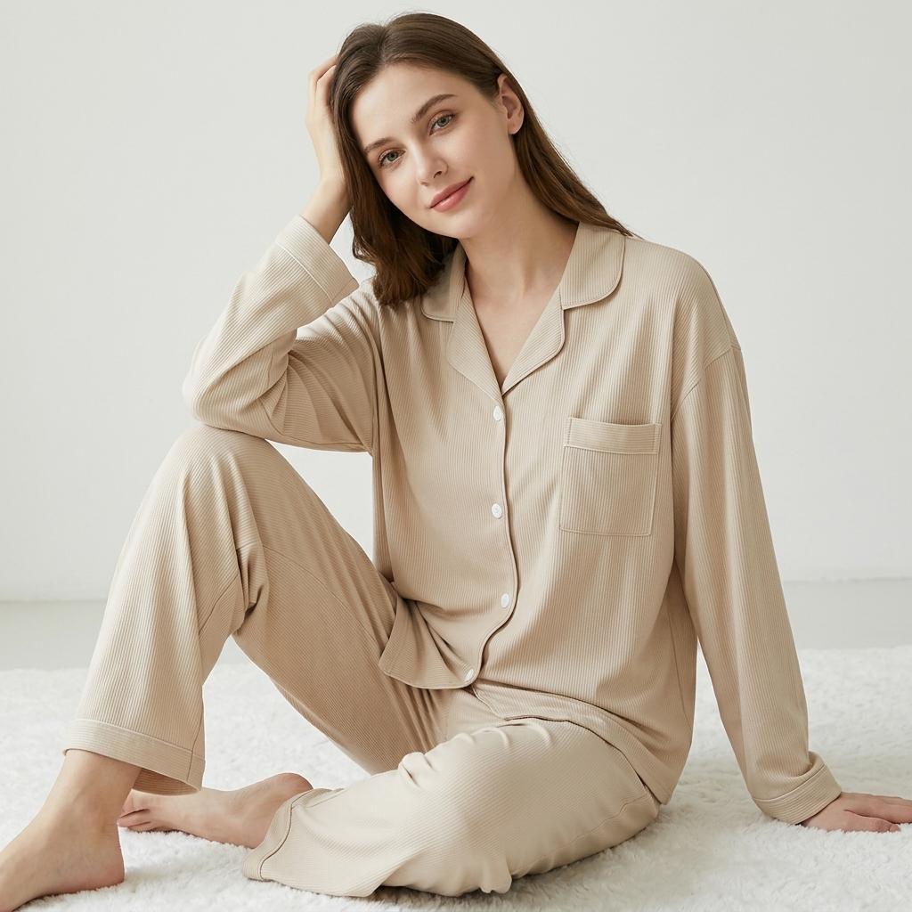 Z&D Pijama Feminino Manga Longa com Botões Camisa e Calça Canelado Liso Confortável SY62-1