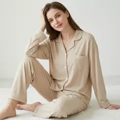 Z&D Pijama Feminino Manga Longa com Botões Camisa e Calça Canelado Liso Confortável SY62-1