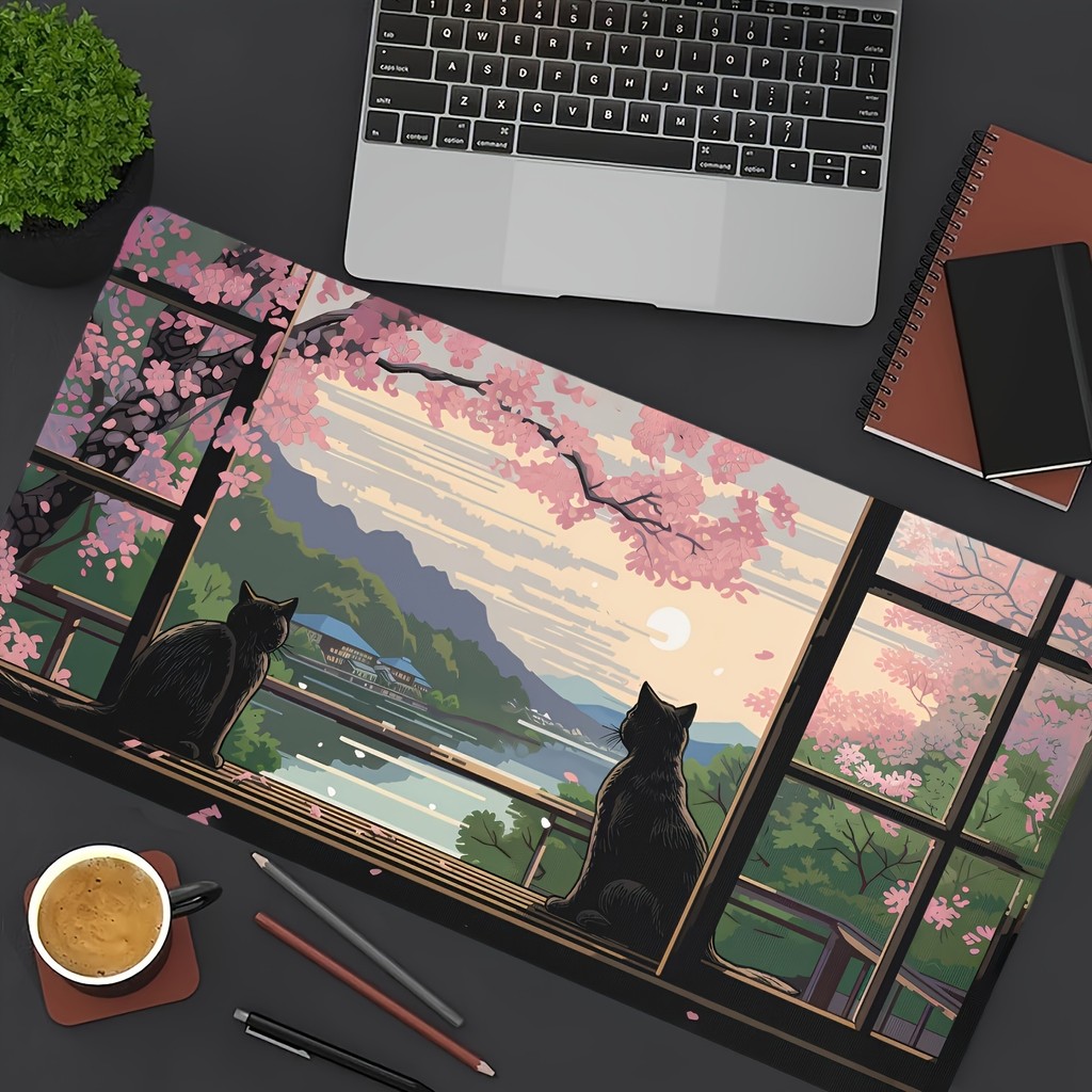Mouse Pad Gamer Extra Grande Gatos Pretos Sakura Janela Tapete de Mesa Antiderrapante Borda Costurada para PC Escritório