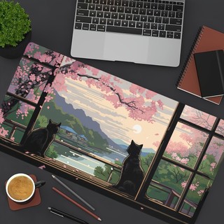 Mouse Pad Gamer Extra Grande Gatos Pretos Sakura Janela Tapete de Mesa Antiderrapante Borda Costurada para PC Escritório