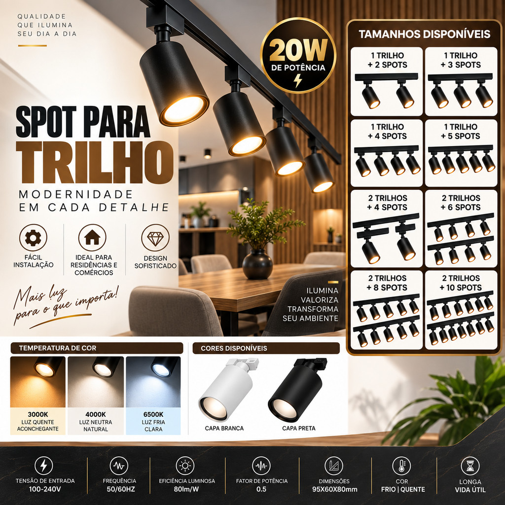 Trilho com Spot Led Eletrificado 1m ou 2m Spot 20W Sobrepor Teto Gesso Preto Branco - Kit Iluminação Bivolt Eletrificado