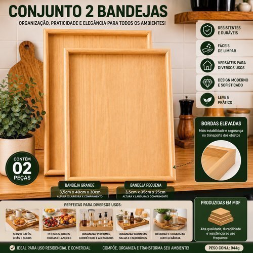 Conjunto Bandejas Retangulares Madeira Natural Servir Decorar Organizar Mesa Sala Jantar