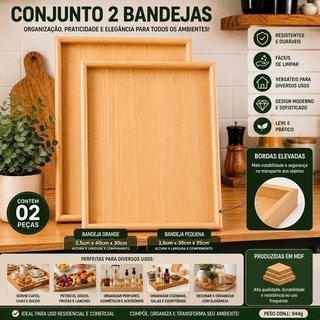 Conjunto Bandejas Retangulares Madeira Natural Servir Decorar Organizar Mesa Sala Jantar