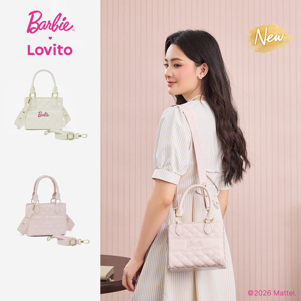 (New Arrival) Barbie™ X Lovito Elegante Bolsa Ombro Pequena Quadrada Zíper Duas Alças Acolchoada Bordado Pu Clássica Para Mulheres HUBL6PAD039