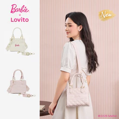 (New Arrival) Barbie™ X Lovito Elegante Bolsa Ombro Pequena Quadrada Zíper Duas Alças Acolchoada Bordado Pu Clássica Para Mulheres HUBL6PAD039