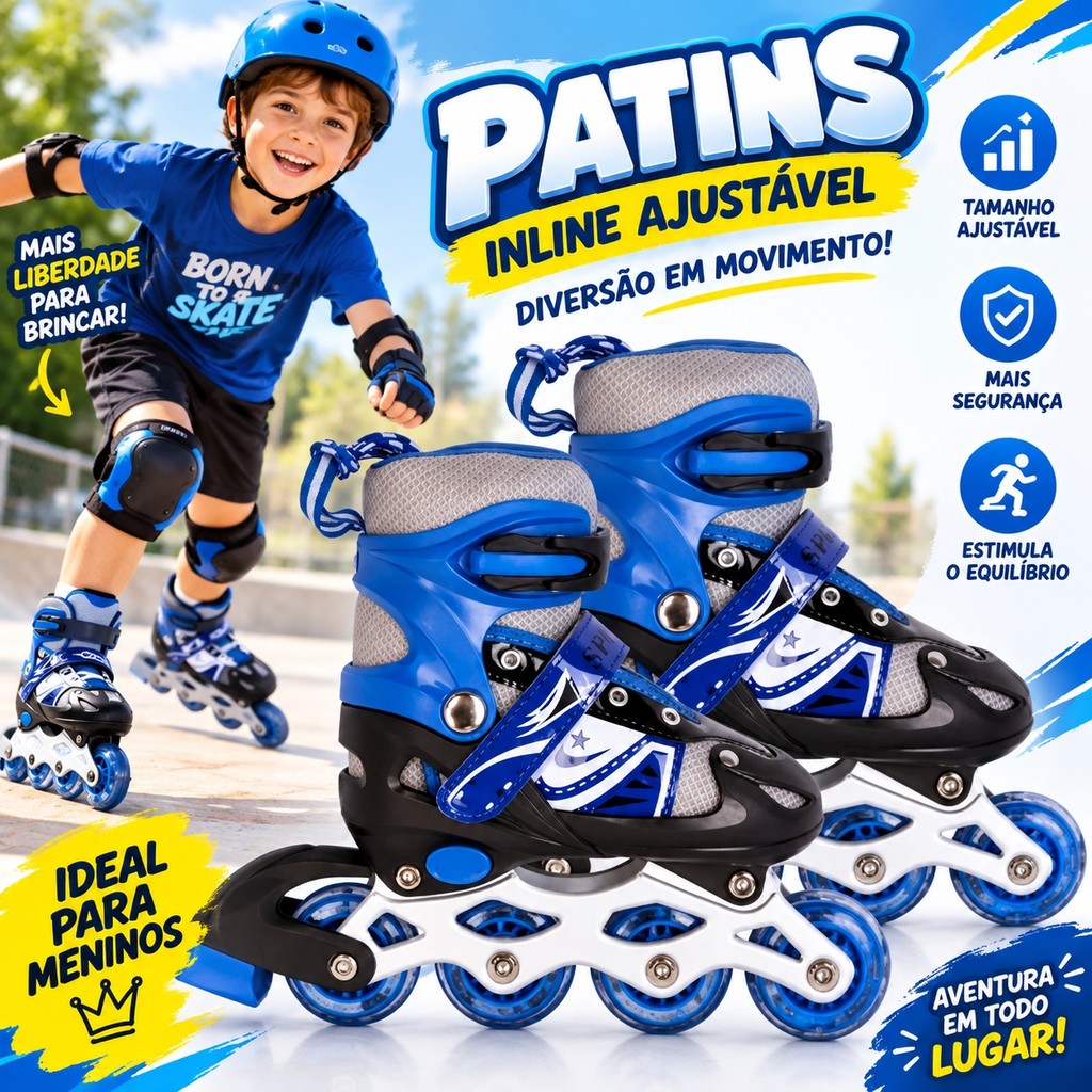 Patins Inline Infantil Menino Ajustável 4 Rodas Azul