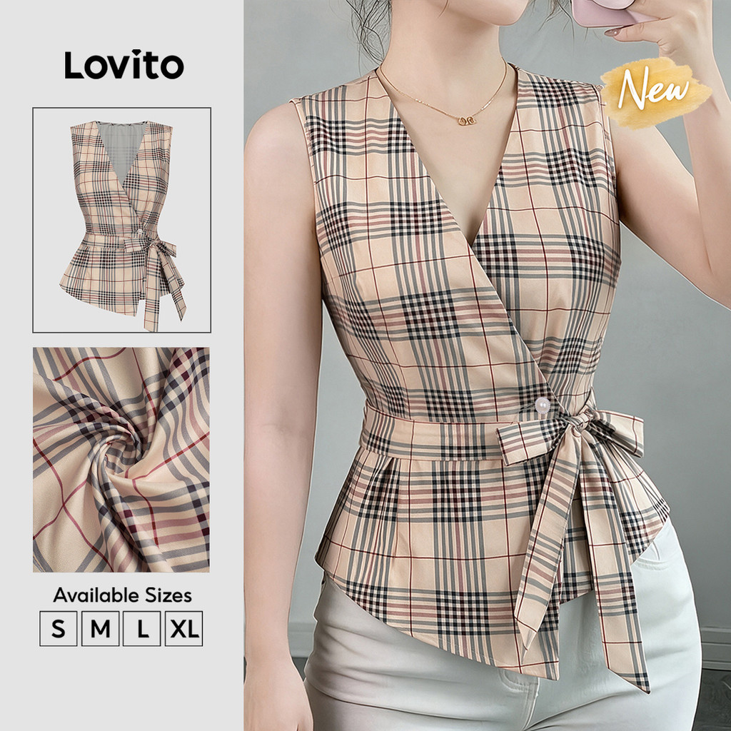 (New Arrival) Lovito Top Casual Xadrez Sem Mangas Com Decote Em V E Amarração Primavera/Verão Workwear Fim De Semana Feminino TKK9BR220