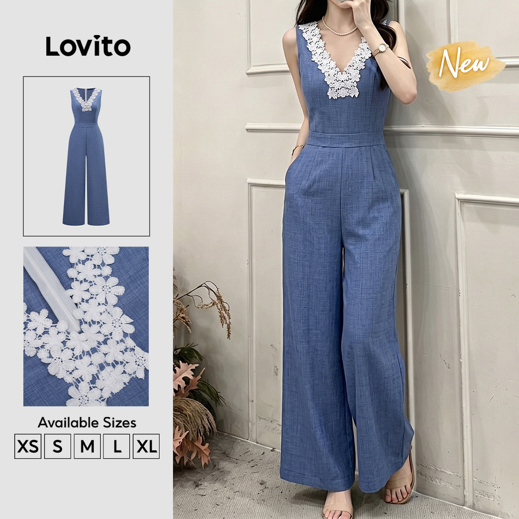 (New Arrival) Lovito Macacão Elegante de Renda Plissado para Primavera/verão Azul JRK9P1D815