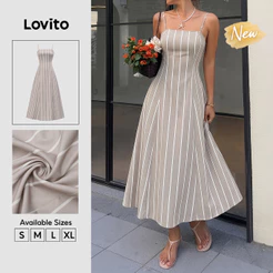 (New Arrival) Lovito Vestido Feminino Boho Listrado Longo evasê Com zíper Casual primavera/verão Fim De semana/férias DRB39BR101