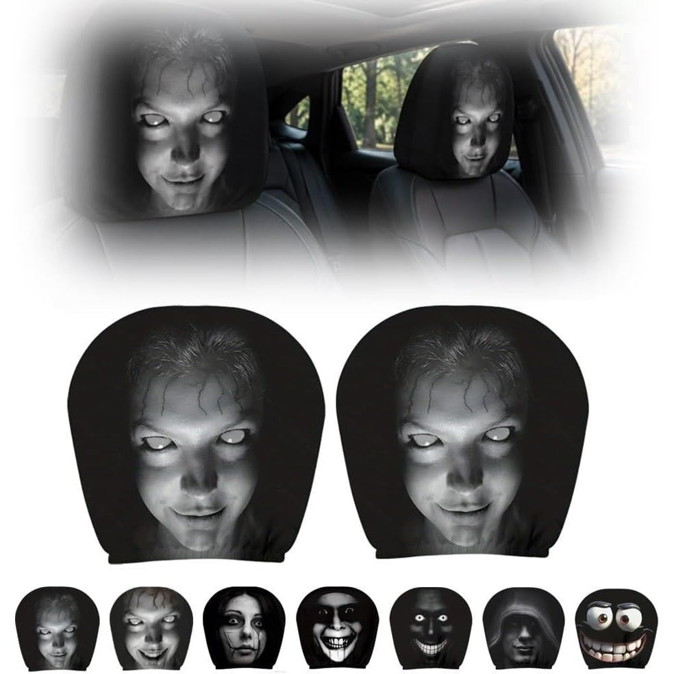 Capa para encosto de cabeça de carro, com tema de Halloween, fantasma com rosto assustador, feita de poliéster elástico,