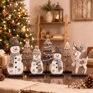 7 Conjuntos Festivos Da Exposição Bancada Dos Pces , Ornamentos De Madeira Do Boneco De Neve , Base Estável Para A Decor