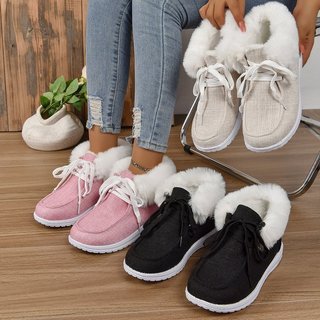 Senhoras inverno forro de lã sapatos de algodão grosso rendas botas de neve peludas plana quente Casual botas curtas All