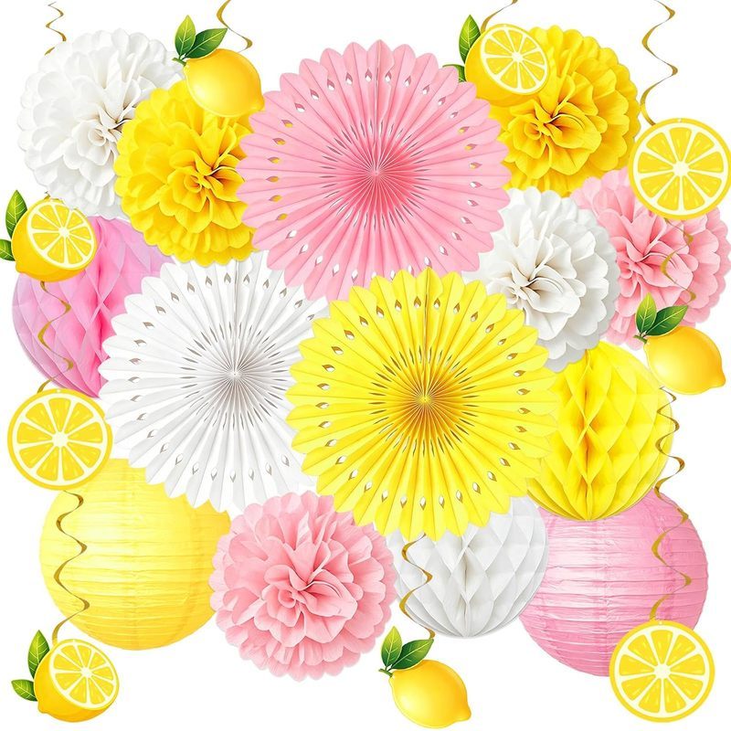 Decorações De Festa De Limão , Conjunto De Fãs De Lanternas De Papel Rosa E Amarelo De 20 Unidades