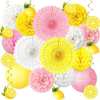 Decorações De Festa De Limão , Conjunto De Fãs De Lanternas De Papel Rosa E Amarelo De 20 Unidades