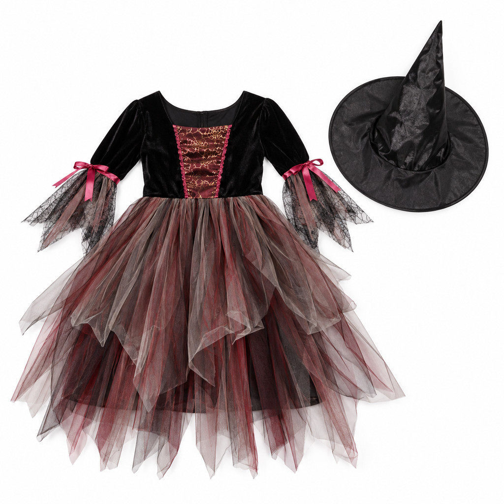 Fantasia Vestido de Bruxa Infantil Com Chapéu Halloween Dia das Bruxas Festa Menina Cosplay — imagem 2 de 2