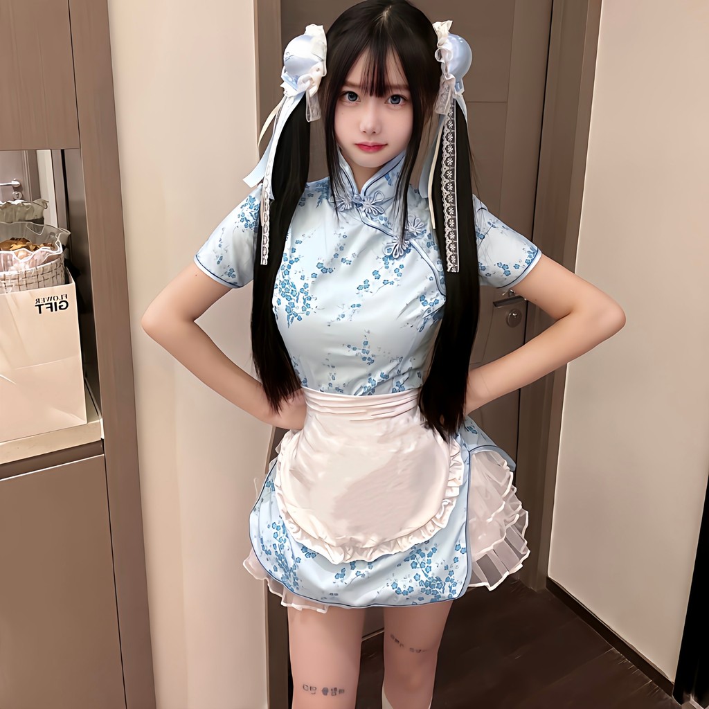 Noiva chinesa novo chinês Cheongsam COS melhorado doce vestido de empregada combinando avental e bolsa de cabelo Lolita
