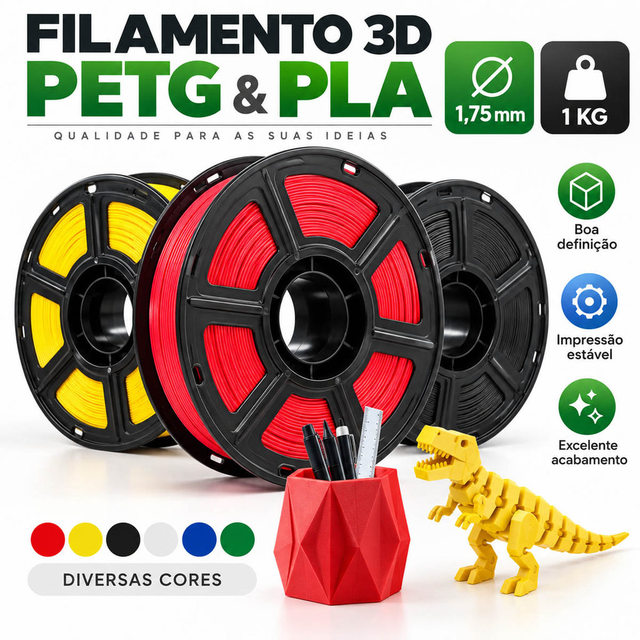 Filamento 3D PETG e PLA Silk 1,75mm 1kg FDM, Alta Resistência, Baixo Warping e Boa Adesão, Acabamento Premium