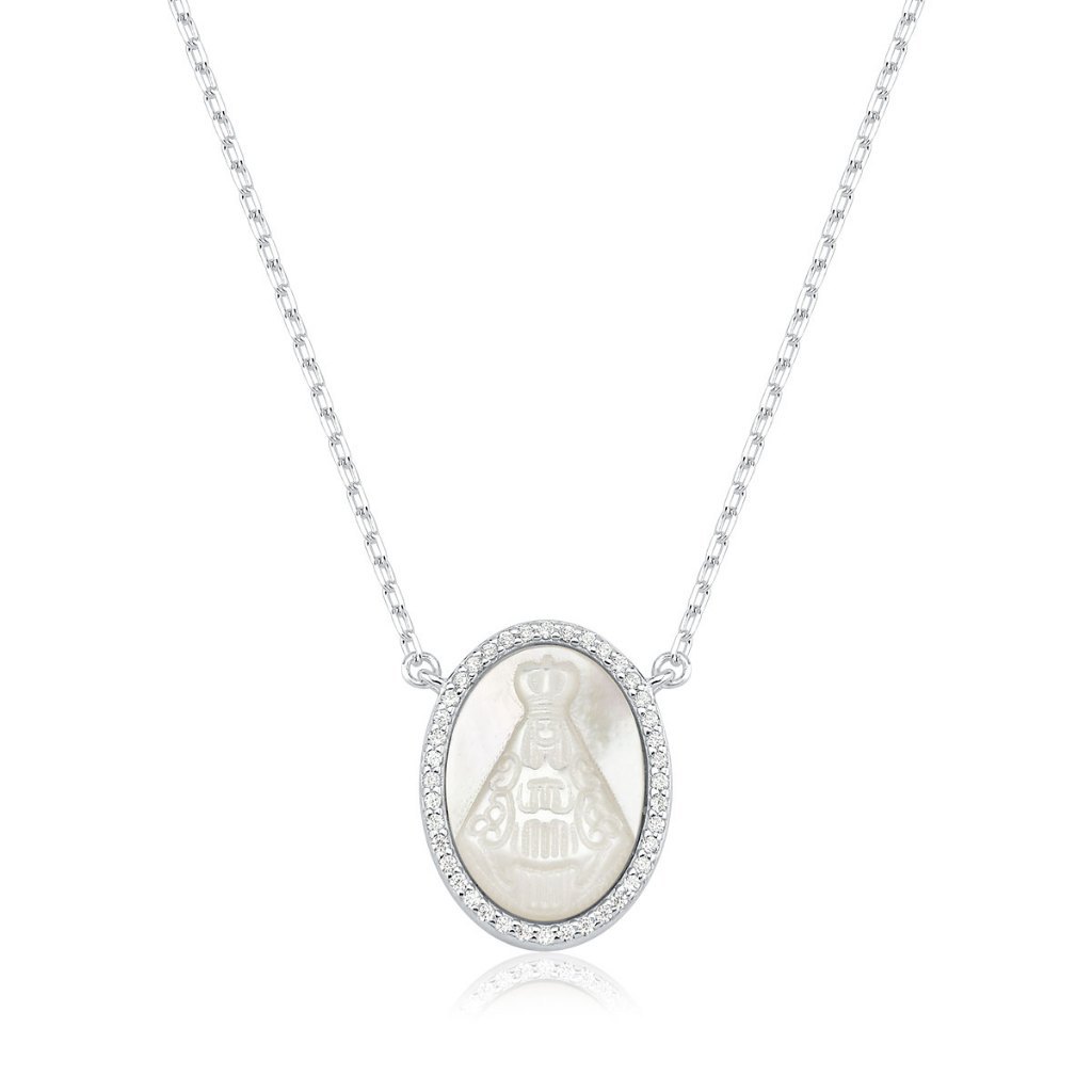 Colar Feminino de prata 925 Medalha Nossa Senhora Aparecida Madre Pérola