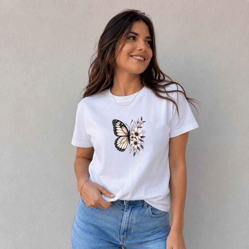 Camiseta Feminina Estampada Borboleta Macia Leve Camiseta Fashion Confortável 100% Algodão Macia Premium