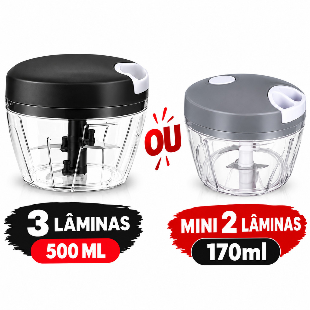 Processador Triturador de Alimentos Manual 500ml 3 Lâminas ou Mini 170ml 2 Lâminas Picador