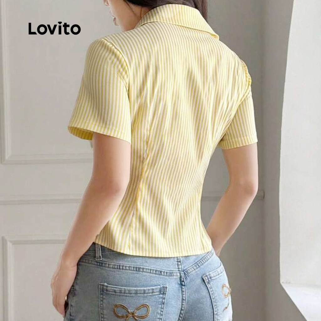 (Elegante) Lovito Blusa com Botões Forrada Primavera/verão Blusa Amarela Clara para Mulheres L143AD628 · foto 2