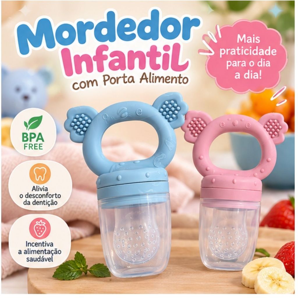 Porta Frutinha Bebê Mordedor Silicone com Tampa Alimentador Frutas Legumes Alça Texturizada Azul Rosa 10 x 5,5 cm