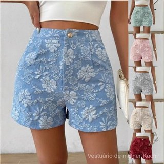 Novos Shorts Femininos de Verão com Textura Jacquard Elegante de Cintura Alta e Perna Reta