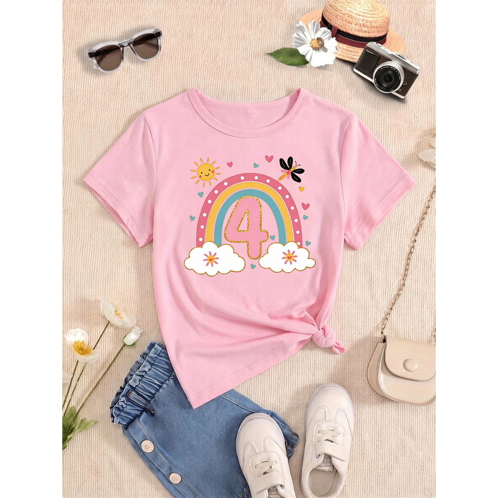 Arco-Íris 4o Aniversário Libélula Sol Corações Impresso T Camisa Meninas O Melhor Camiseta Kawaii Crianças Roupas