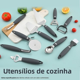 Conjunto de Utensílios de Cozinha em Aço Inoxidável: Abridor de Latas, Cortador de Pizza, Batedor de Ovos, Descascador, 