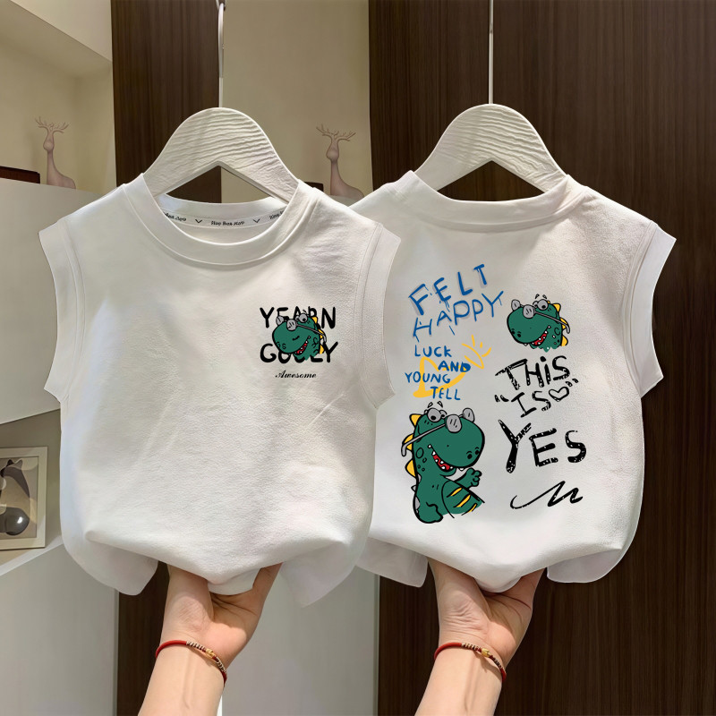 Desenhos animados dinossauro padrão camiseta crianças sem mangas colete meninos verão branco topo puro algodão em torno 