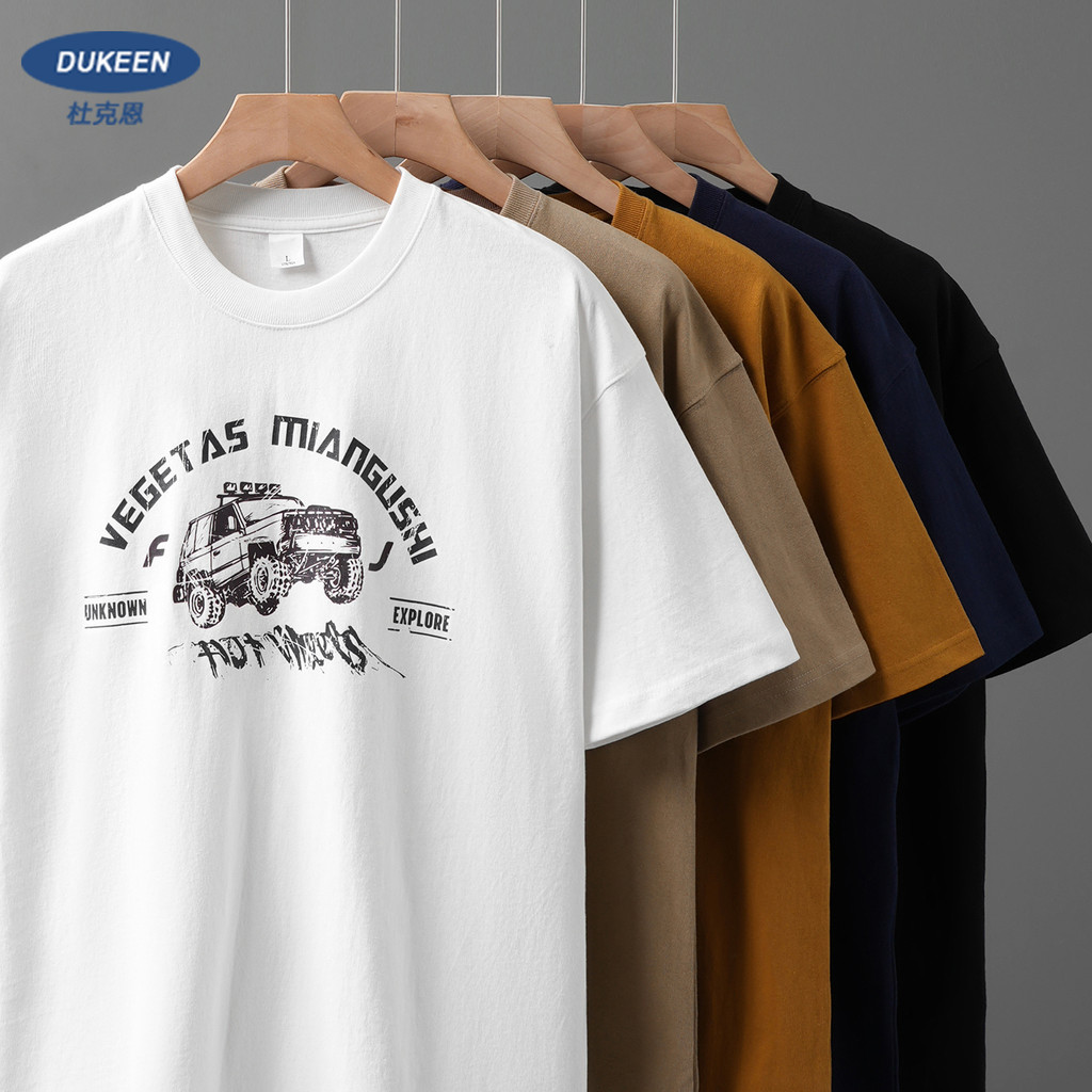 Dukeen 320G algodão pesado impresso camiseta masculina de manga curta verão 2025 americano Retro em torno do pescoço sol